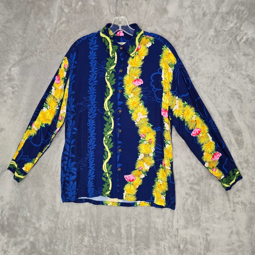 Hilo Hattie The Hawaiian Original Shirt Mens M Blue Floral Lei Rayon Long Sleeve